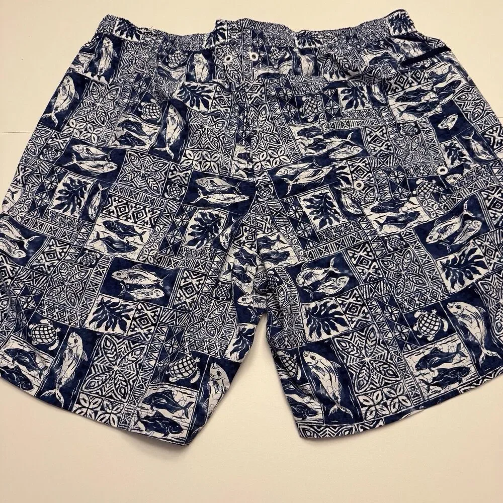 Lands’ End Mens ‎ 9” Volley Swim Trunks Shorts Navy Fish Block Print Sz XL